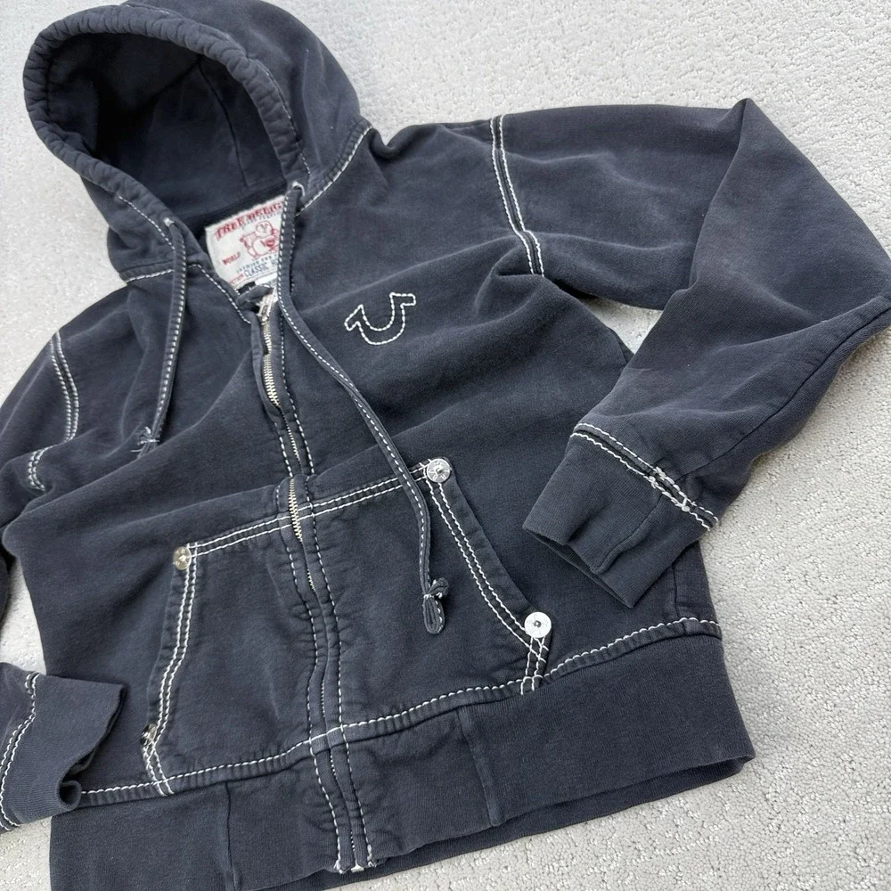 True Religion Y2K Classic Zip Hoodie‎ Faded Black Contrast Stitch USA S $168